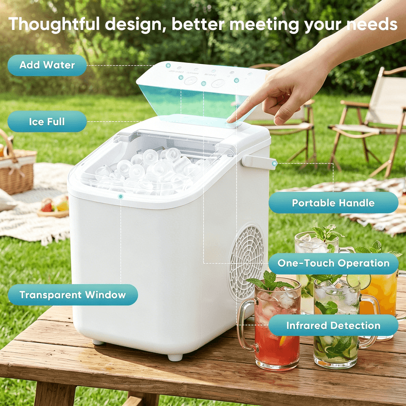 Portable Countertop Ice Maker with Handle, Self-Cleaning Bullet Ice Maker, 9 Ice Cubes Ready in 6 Minutes, 26lbs/24H, Eco-Friendly with Ice Scoop & Basket for Home, Office, Bar, Party, RV (White)