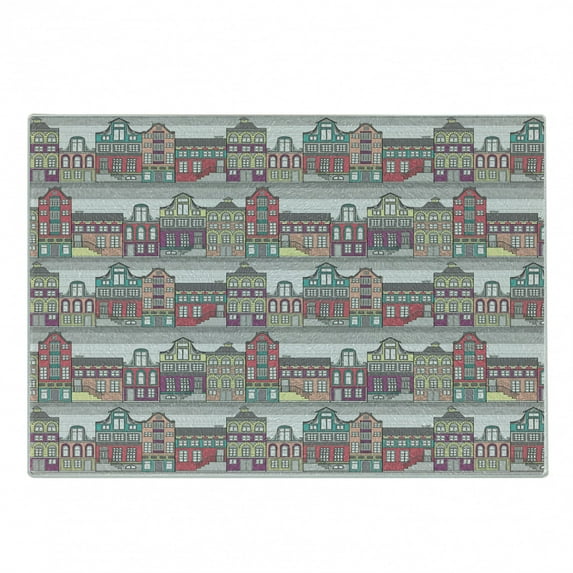 Dutch Cutting Board, Traditional Colorful Amsterdam Houses Sketch Style Architecture Themed Illustration, Decorative Tempered Glass Cutting and Serving Board, Small Size, Multicolor, by Ambesonne