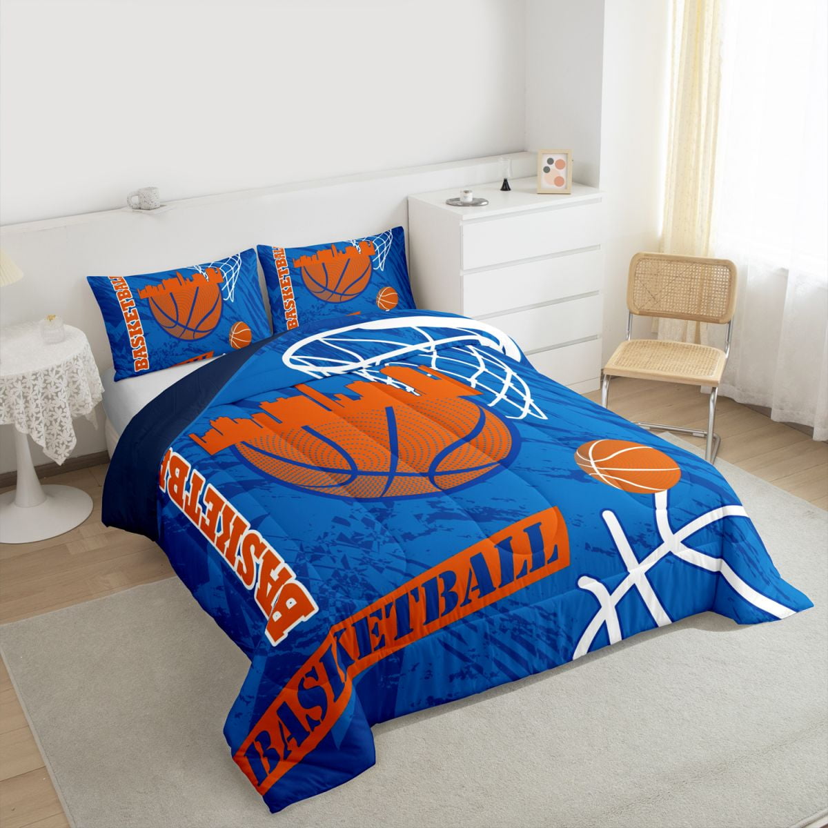 Feelyou Eat Basketball Sleep Bedding Comforter Set for Boys, Blue Orange Twin Comforter Sets, Modern Sports Theme Reversible Bedding Set, Super Cozy Room Decor, 2-Piece