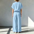 thumbnail image 5 of BRELIL Women Plus Size Two Piece Outfits V Neck Short Sleeve Tee Wide Leg Pants Casual Lounge Set Solid Boho Vacation Travel Loose Tracksuit, Sky Blue 3XL, 5 of 6