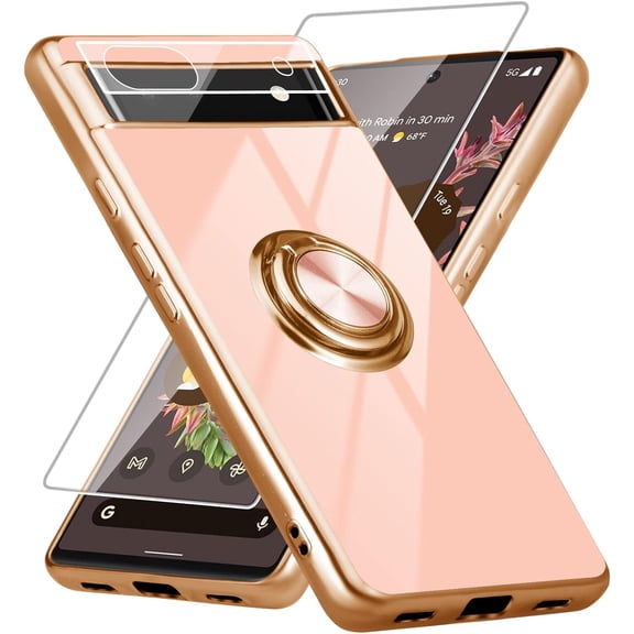 for Google Pixel 7A Case, Built-in 360 Degree Rotation Ring Kickstand Stand with Screen Protector and Lens Protector, Luxurious Shiny Plating Edge Shockproof Protective Phone Case-Pink