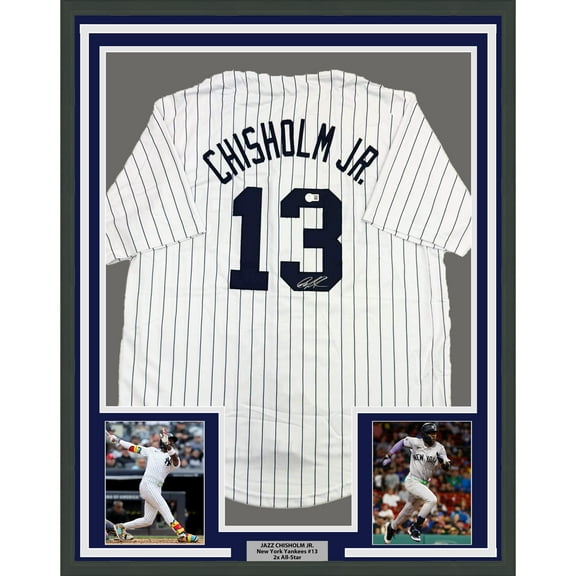 Framed Autographed/Signed Jazz Chisholm Jr. 35x39 New York Pinstripe Baseball Jersey Beckett BAS COA