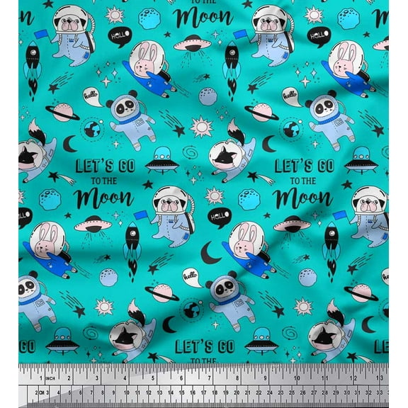 Soimoi Cotton Duck Fabric Planet,Rocket & Astronaut Animals Cartoon Print Fabric by The Yard 42 Inch Wide