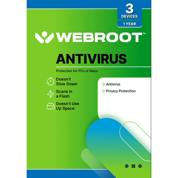 Webroot Antivirus Software for 3 Devices, 1 Year Subscription – Windows/MacOS [Digital Download]