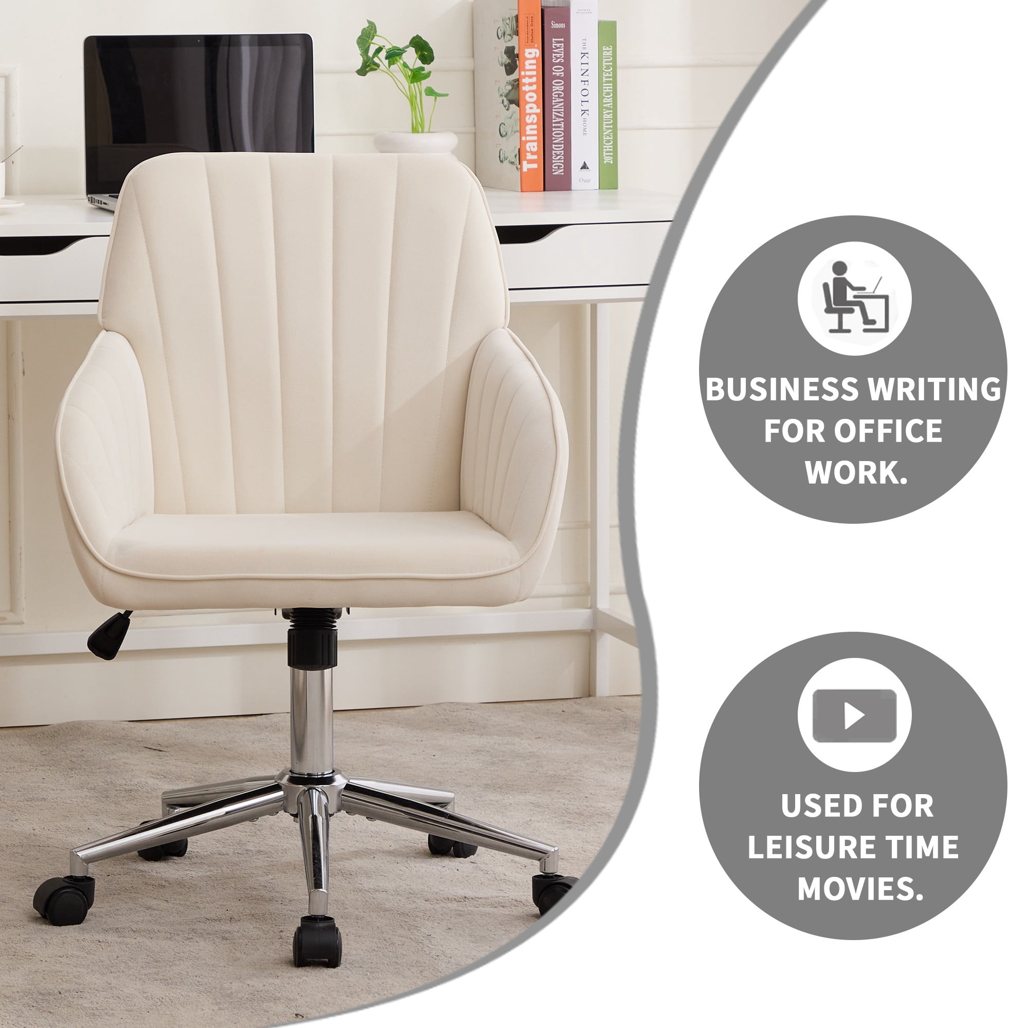 Modern Office Chair,Adjustable Arm Chair Computer Chair with Wheels,Swivel Vanity Chair for Living Room,Beige