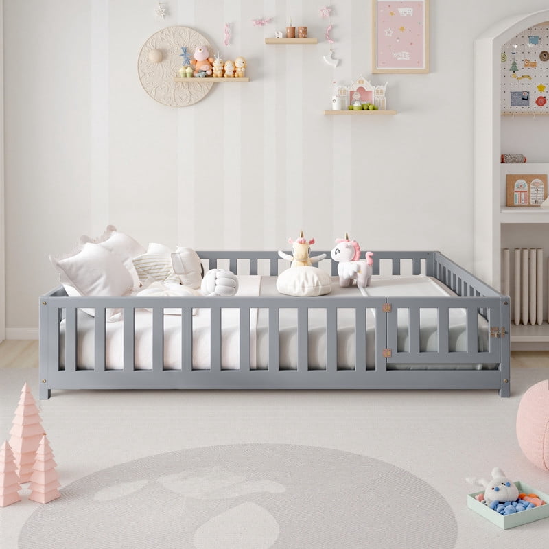 Mirightone Full Size Floor Bed with Guardrails and Door, Low-Profile Full Montessori Bed with Support Slats, Grey