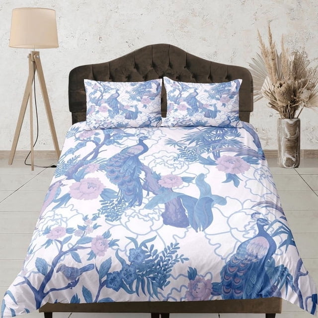 Pavo real blanco Juego de Funda Nórdica Colcha Floral, Ropa de cama con funda de almohada, ,