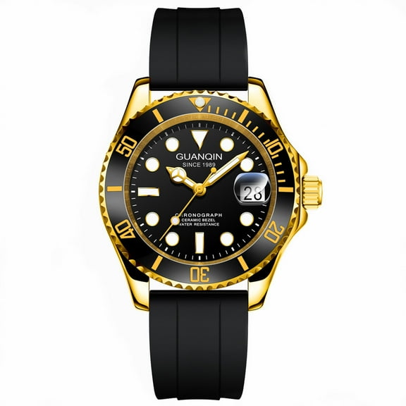 GUANQIN Men Calendar Vintage Wristwatch Analog Automatic Self-Winding Mechanical Wrist Watch Silicone Band Ceramic Bezel Sapphire Crystal Waterproof Luminous Business Clock