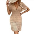 thumbnail image 2 of Vestido de Crochet para Mujer, de Corta y Cuello en V, Ideal para Verano. Caqui L, 2 of 10
