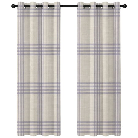 Purple Plaid Blackout Curtains 63 Inches Long Geometric Modern Beige Linen Texture Thermal Insulated Room Darkening Drapes with Grommets for Living Room 42 W x 63 L 2 Panels