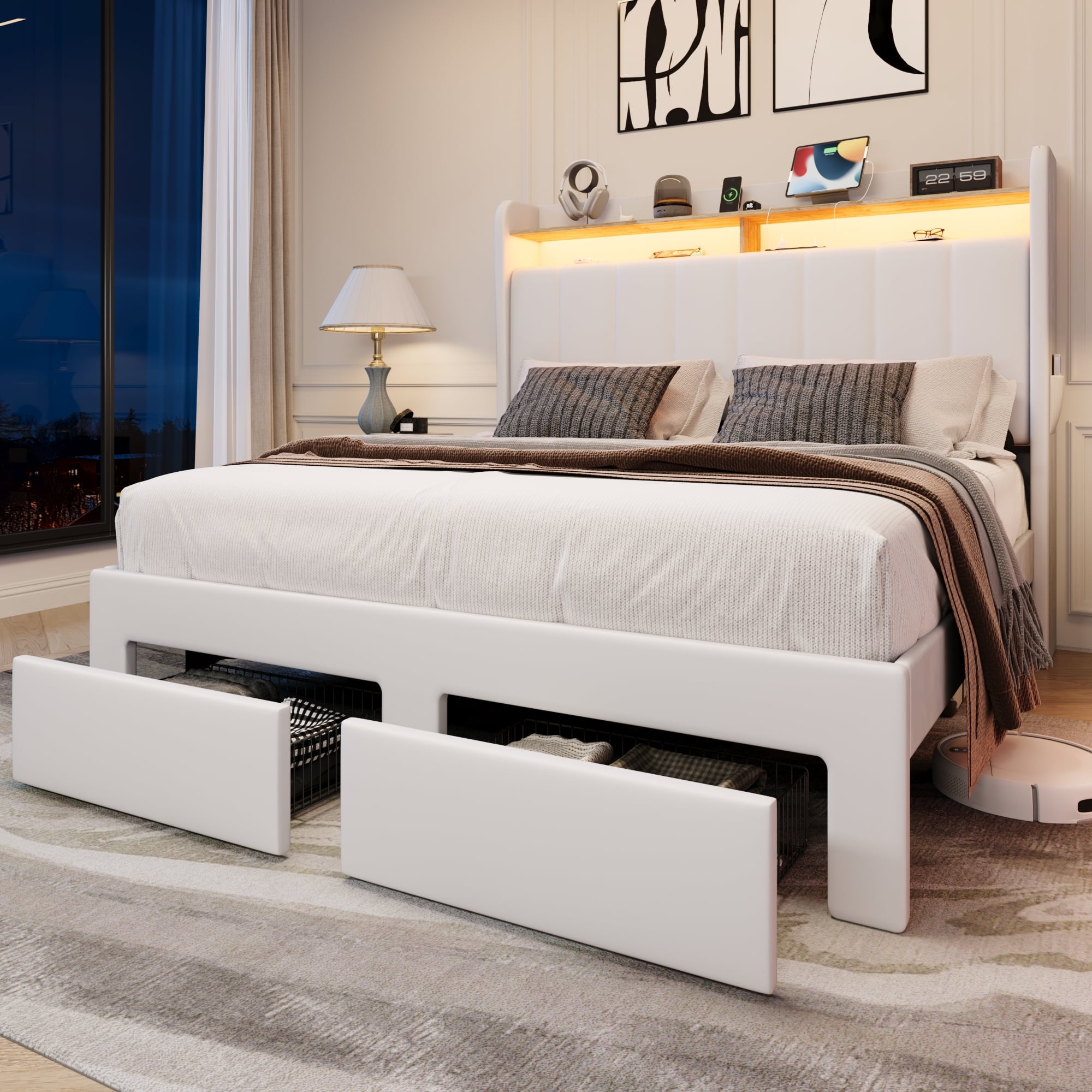 Amolife Queen Size Platform Bed Frame with 2-Tier LED Storage Velvet Wingback Headboard & 2 Storage Drawers, USB & Type-C Charging Ports, White