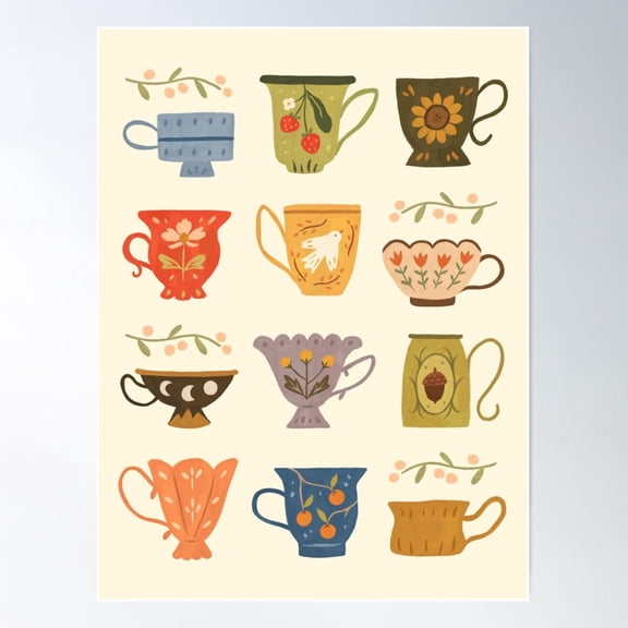 Teacup Collection Poster Wall Art, Modern Wall Decor For Living Room Bedroom, 8x12 UNFRAMED