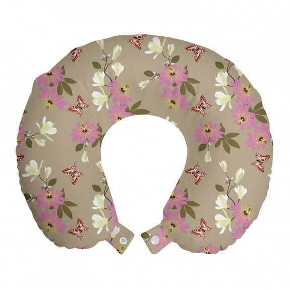 Retro Travel Pillow Neck Rest, Magnolia Flowers Passioflora Bouquets Butterflies Spring Pattern, Memory Foam Traveling Accessory Airplane and Car, 12", Fuchsia Umber and Olive Green, by Ambesonne