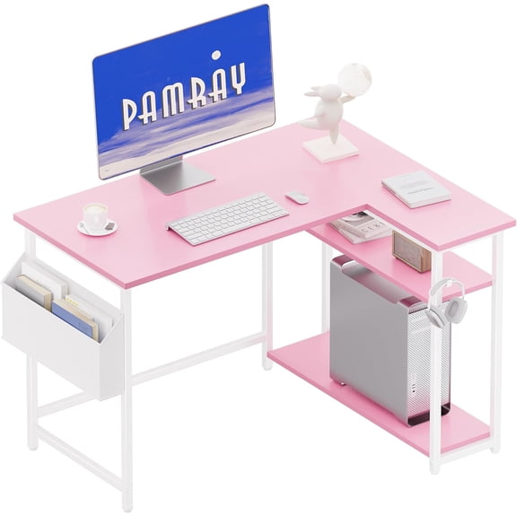 40 Inch L Shaped Computer Desk with Reversible Side Storage Shelves, Small Corner Desk for Small Space Home Office, Writing Study Table PC Desk for Bedroom, Pink