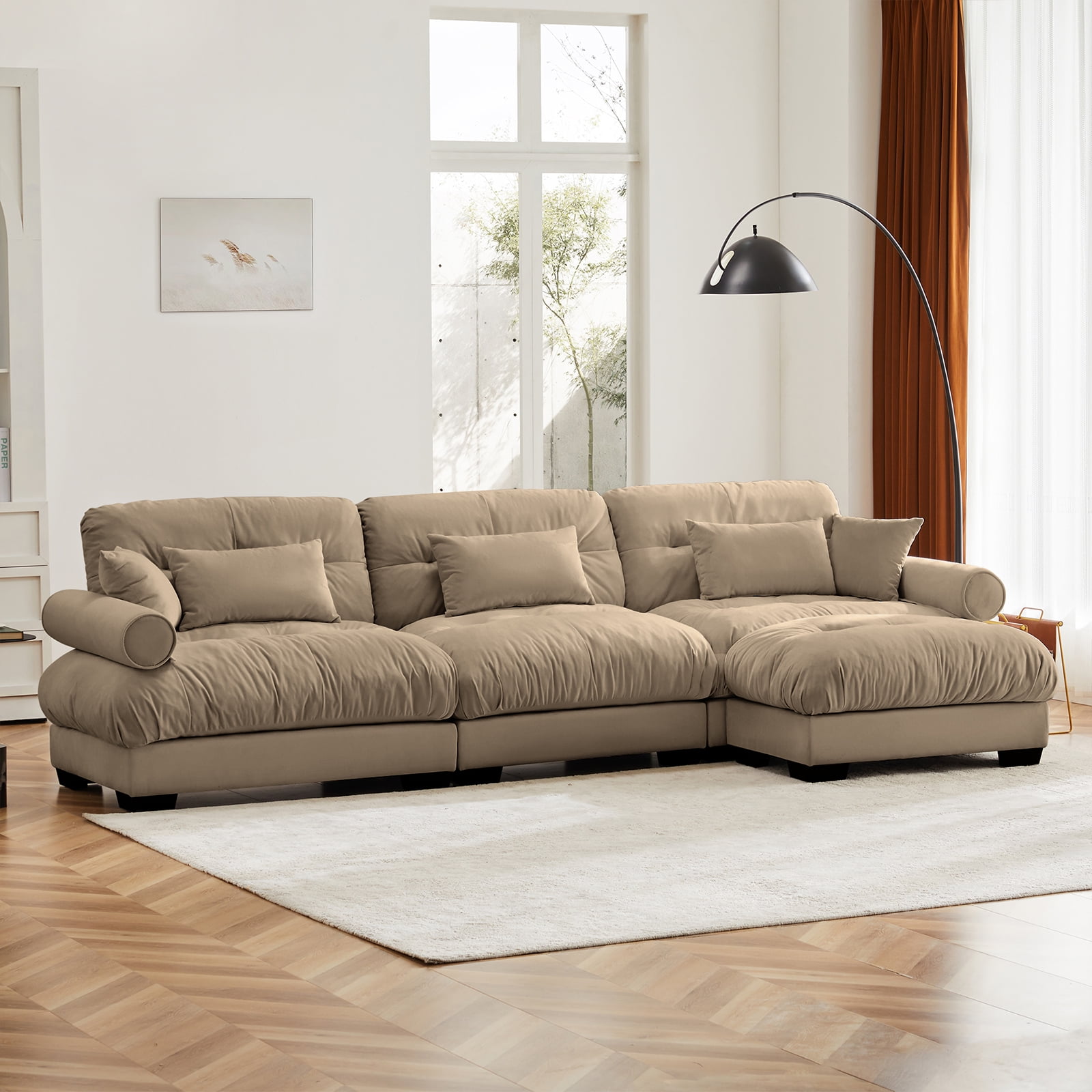 130"Oversized Couch, 3 Seater Modular Sectional Sofa, Camel Large L Shaped Sectional Couches for Living Room, Fluffy Couch Set, 3 Seater, Velvet Cloud Couch with Ottoman, Sofas for Living Room