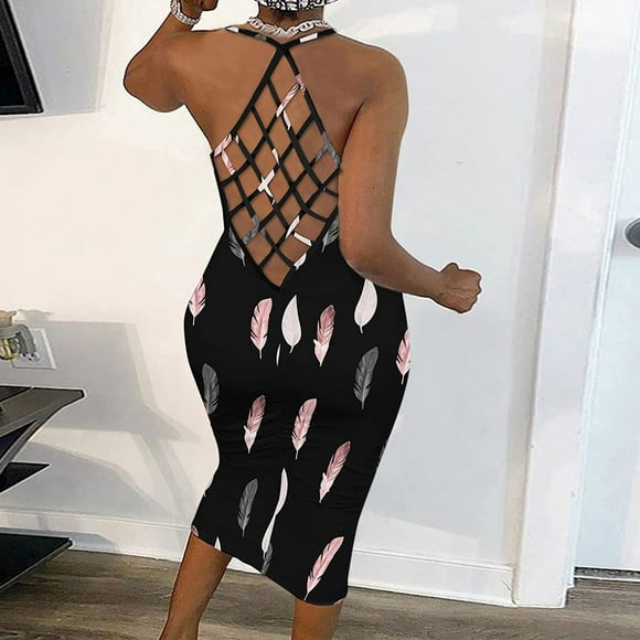 CEHVOM Women Fashion Print Color Halter Fishnet Round Neck Dress Long Dress