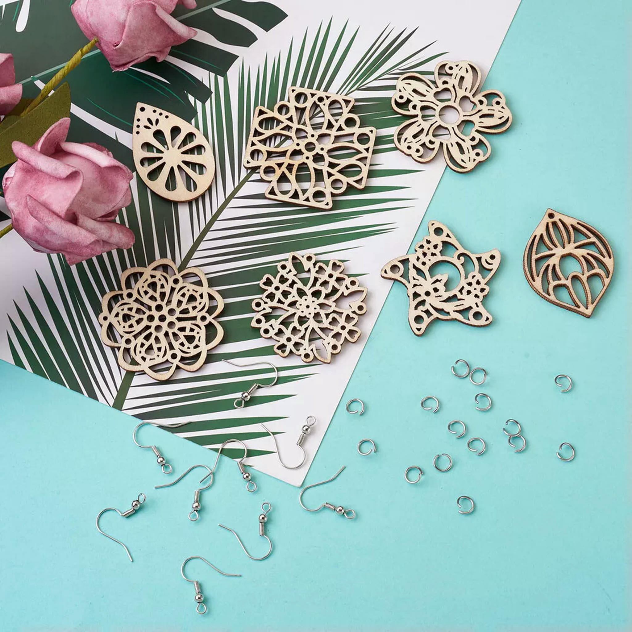 U8MO DIY Dangle Earring Kits 48x Natural Wood Pendants 50xEarring Hooks 50xJump Rings