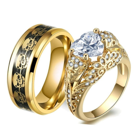Skull Matching Rings Yellow Gold Plated Couple Rings 1CT CZ Wedding Ring Punk Ring