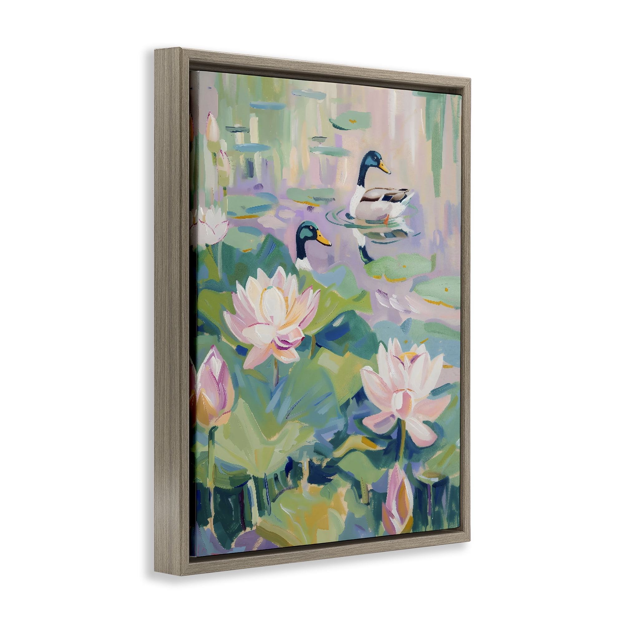 Stupell Industries Duck Pond with Lotus Flowers Brown Framed Floater Canvas Wall Art, design by The Prints Vibe