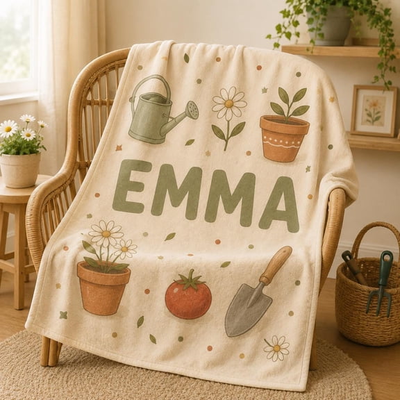 Personalized Kids Gardening Daisy Sherpa Fleece 30 x 40 in Throw Blanket, Custom child name, Breathable Polyester, Cozy Home Decor for Sofa Bed Couch, Personalized Gift