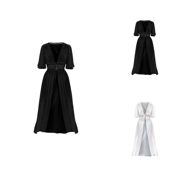 Womens Swimsuit Cover Up Beach Cover Up Swimwear Cover Up for Women Elegant V Neck Chiffon Beachwear with Tie Waist Guipure Lace Inserts Kimono Style Sheer Swim Bikini Coverup for Seaside