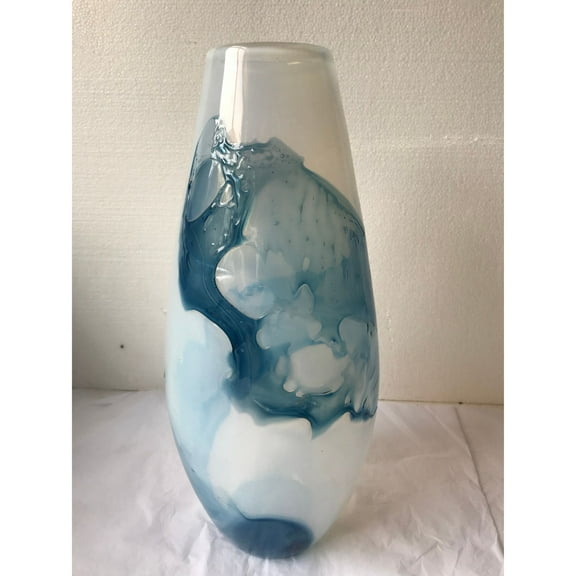 CC Home Furnishings 17" Cloud White and Blue Splash Hand Blown Glass Vase