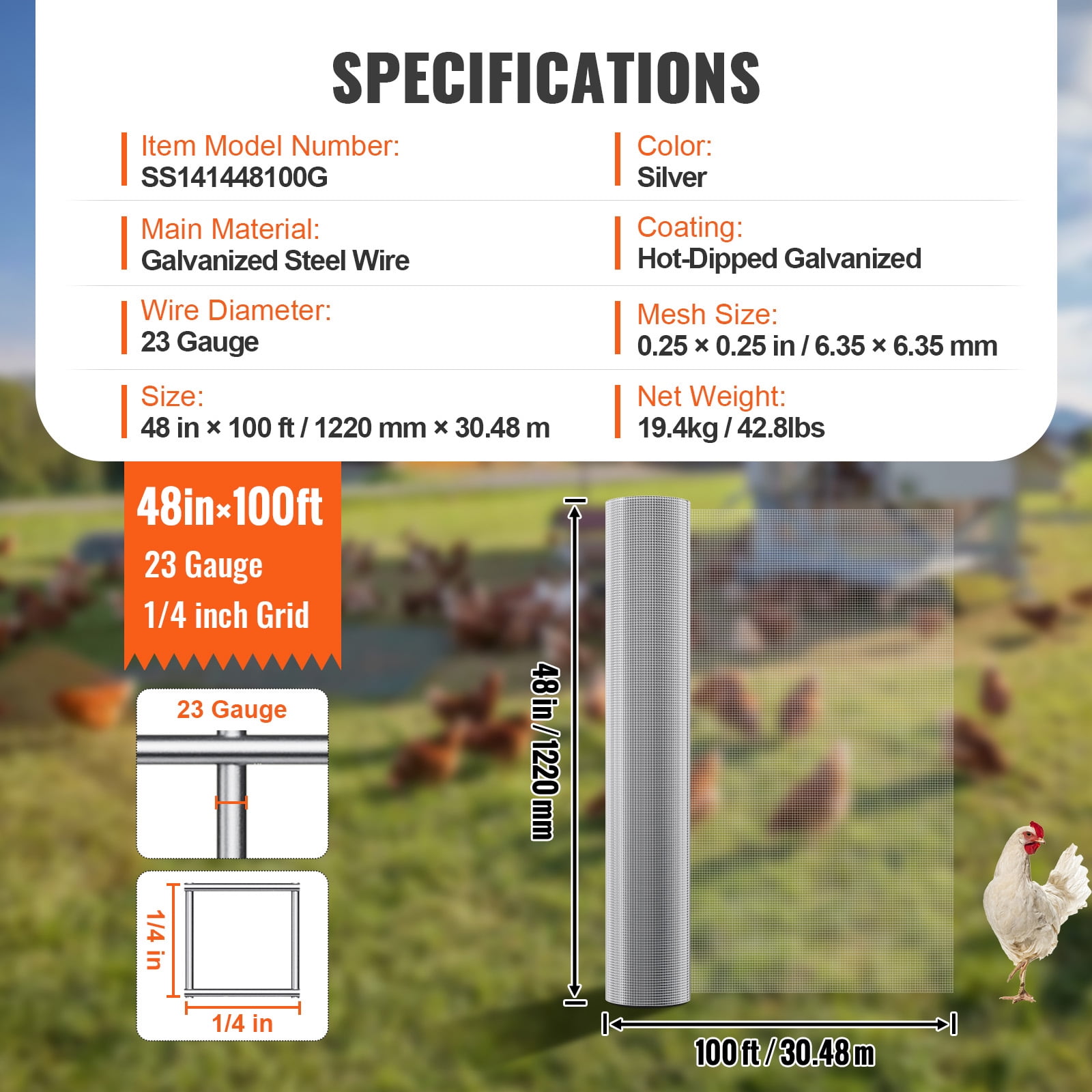 Hardware Cloth 48x100ft 1/4 Inch Mesh Hot-Dipped Galvanized Steel Welded for Garden Fencing Animal Barrier
