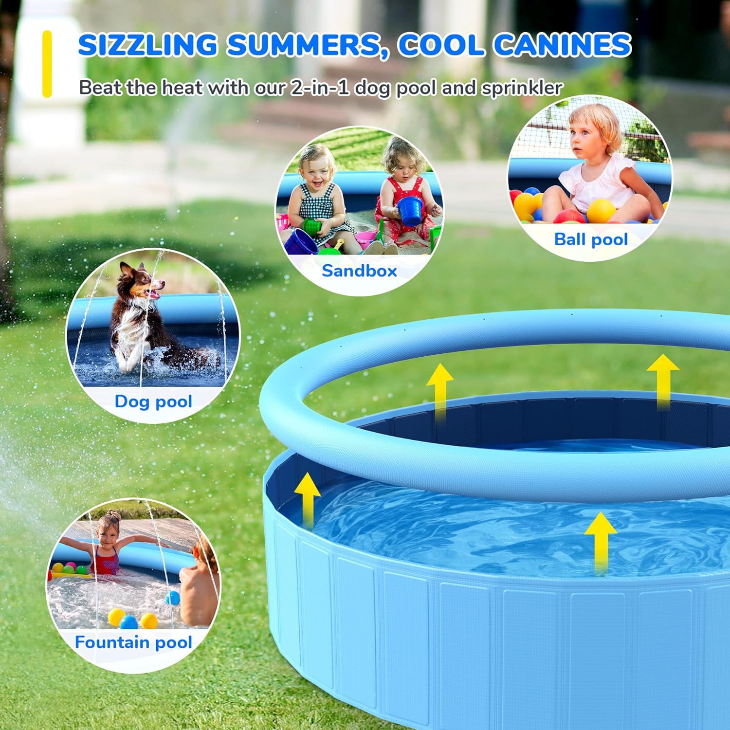 63'' Foldable Dog Pool, Sprinkler Pool for Kids, Non-Slip Heavy Duty Dogs Splash Pad for Small Dogs, Hard Plastic Kiddie Bathtubs for Backyard（2XL-162Gal）