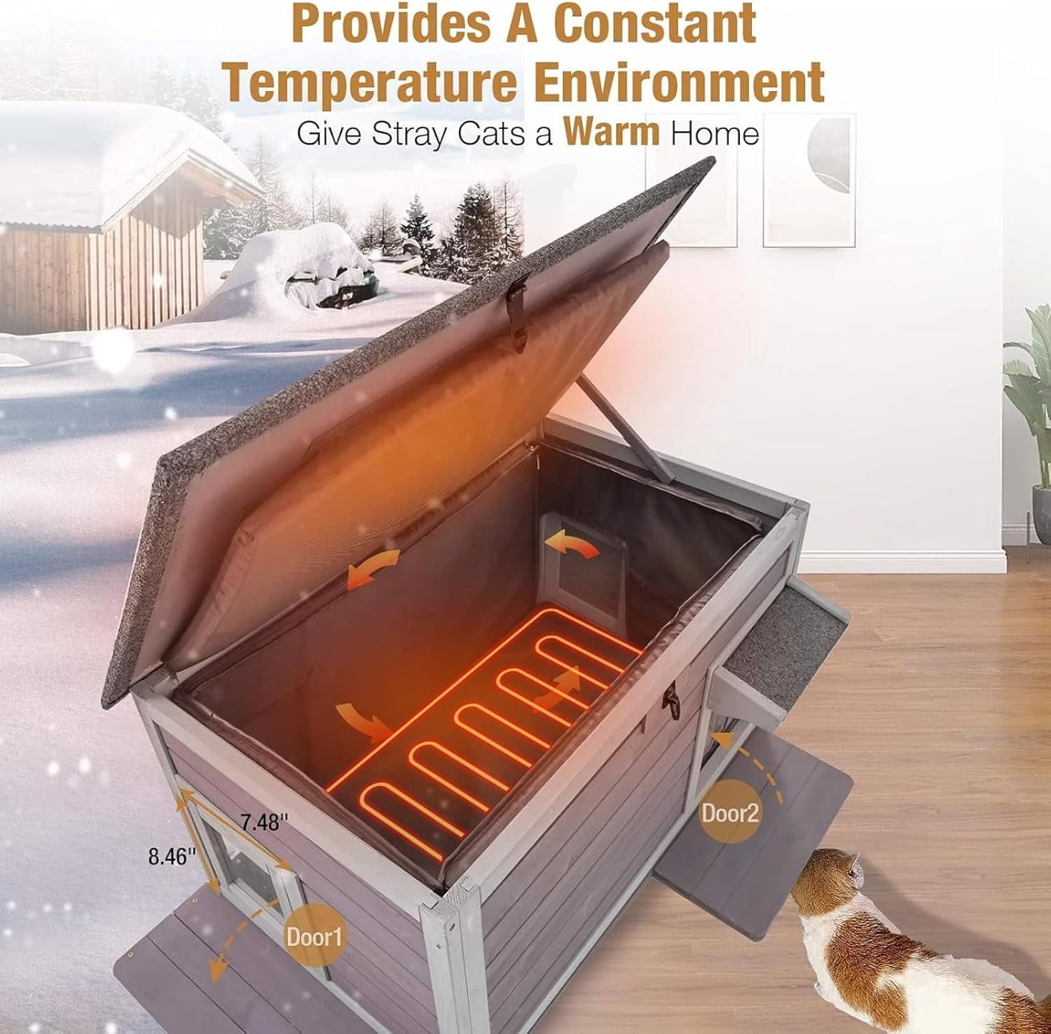 Aivituvin Insulated Outdoor Cat House Heavy-Duty 3 Layer Weatherproof Wooden Shelter with Thermal Liner Openable Roof & Escape Doors for 1-3 Cats Gray
