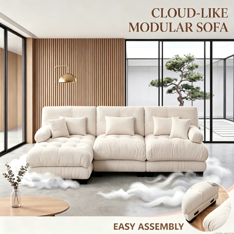 ANPPORT Cloud Couch Sleeper Sofa, Chenille Light Coffee 3-Seater Modular Sofa with 1 Ottomans, 3 Lumbar pillows,2 Pillows, Comfy Deep Seat Cloud Sofa, Convertible L-Shaped Floor Couch for Living Room