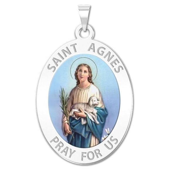 Saint Agnes of Rome Oval Color Religious Medal -  - 1/2 X 2/3 Inch Size of Dime, Sterling Silver
