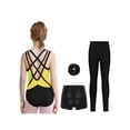 thumbnail image 2 of Hansber Kids Girls 4-Piece Gymnastics Leotard Sparkling Figure Ice Skating Outfit with Shorts Leggings Hairband Yellow 12, 2 of 7