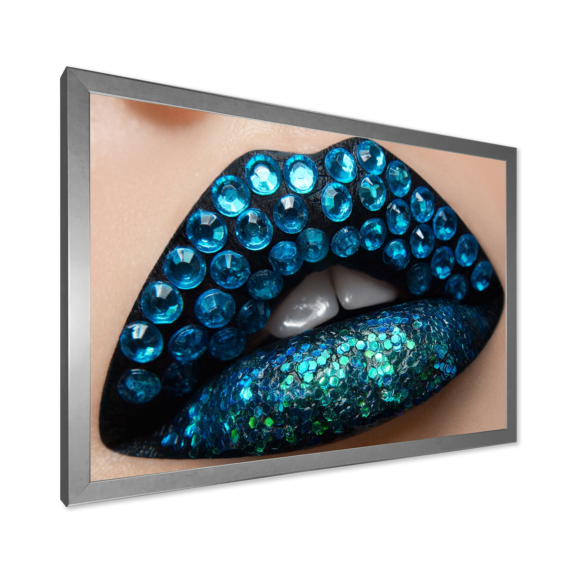 Designart 'Woman Lips With Black Lipstick Blue Diamonds' Modern Framed Art Print