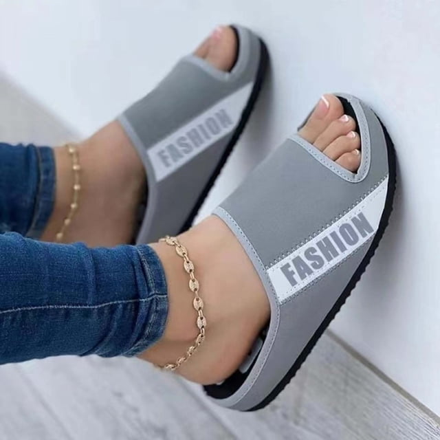 Sandalias planas de tela de verano, zapatillas de plataforma de bloque de Color con letras y punta abierta para exteriores, cómodas e informales a la moda para mujer Wmkox8yii ytu7713
