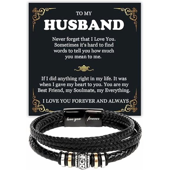 Anniersary Gift for Husband from Wife, Love You Forever Bracelet Gift Ideas with Message Card and Box, Birthday Gift for Husband from Wife, Leather Bracelet for Men, To My Man Bracelet