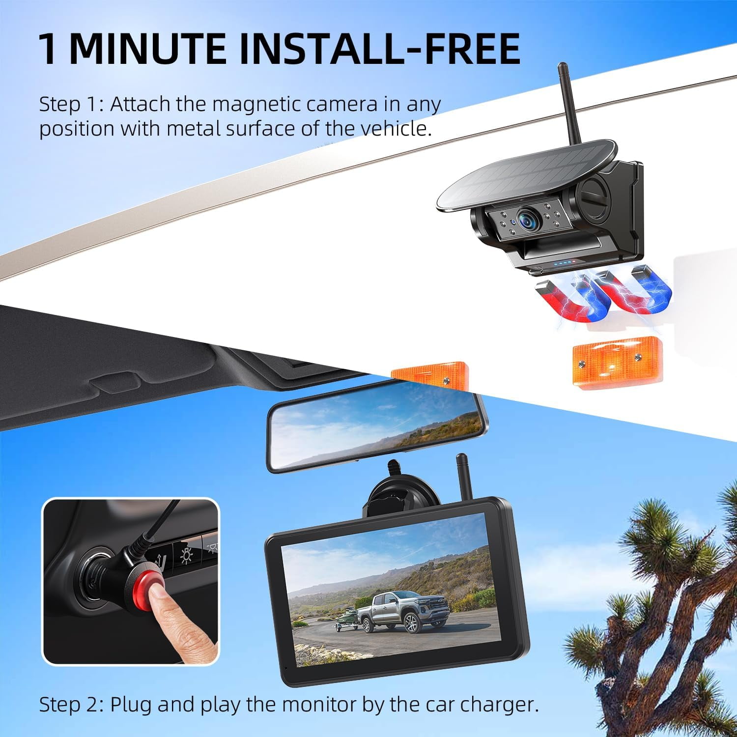 Erapta Magnetic Solar Wireless Backup Camera 7 Inch 1080P HD Touchscreen wIth DVR, IR Night Vison for Trailer/Truck/Small RV/Camper/Tractor