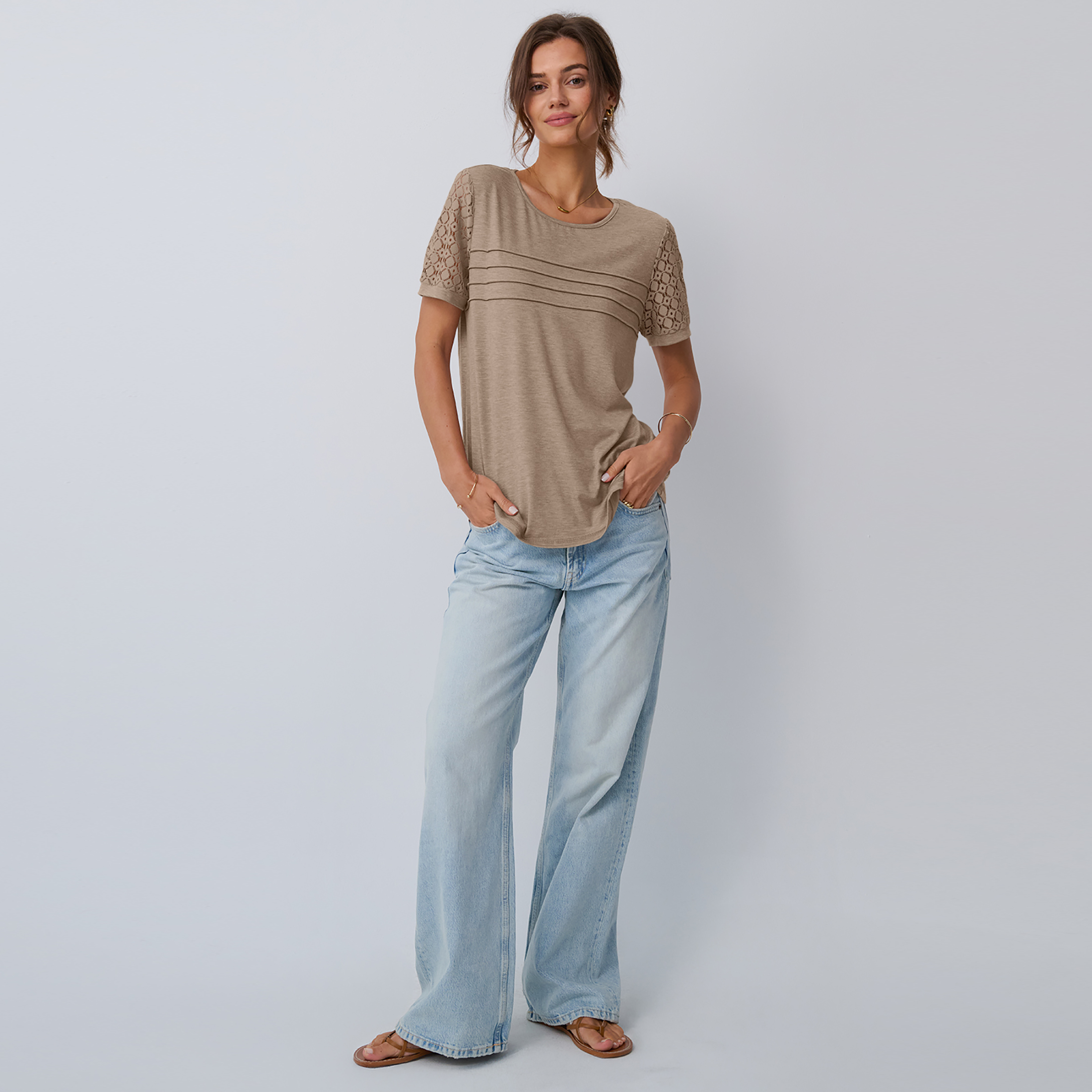 SUNBS Women's Lace Crew Neck Short Sleeve Top, Beige photo 3