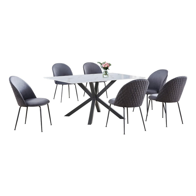 7pc White Marble Wrapped Dining Table with Tempered Glass and Gray