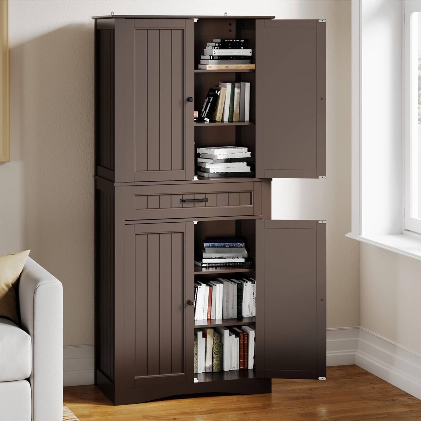 Aiho 71" Kitchen PantryStorage Cabinet with 4 Doors and 4 Adjustable Shelves, Dark Brown