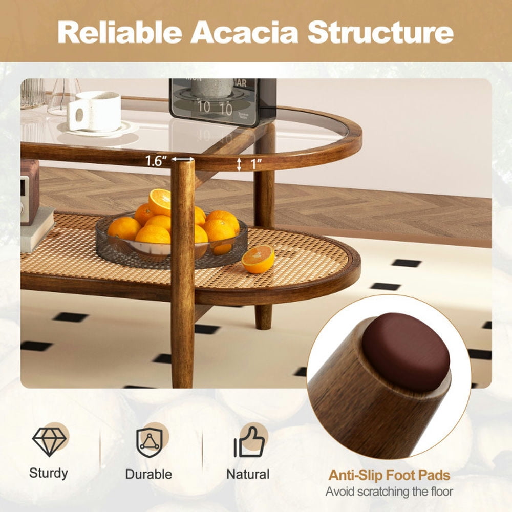 Finihen Coffee Table, Tempered Glass Coffee Table, 2-Tier Coffee Table with Tempered Glass Tabletop and Acacia Wood Frame, for Living Room, Reception Room, Brown Finihen Coffee Table, Tempered Glass Coffee Table, 2-Tier Coffee Table with Tempered Glass Tabletop and Acacia Wood Frame, for Living Room, Reception Room, Brown
