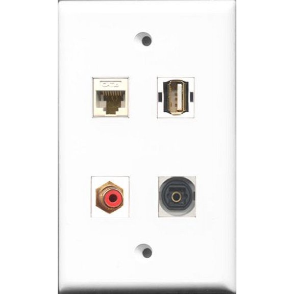 RiteAV 1 Port RCA Red and 1 Port USB A-A and 1 Port Toslink and 1 Port Cat6 Ethernet White Wall Plate