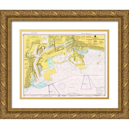NOAA Historical Map and Chart Collection 18×15 Gold Ornate Wood Framed with Double Matting Museum Art Print Titled – Nautical Chart – Los Angeles and Long Beach Harbors ca. 1998