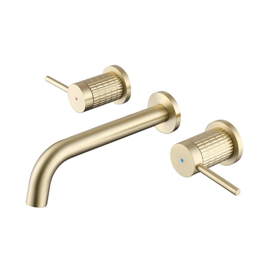 Wall Mounted Two Handles Bathroom Sink Faucet, Solid Brass Three Holes Basin Faucet