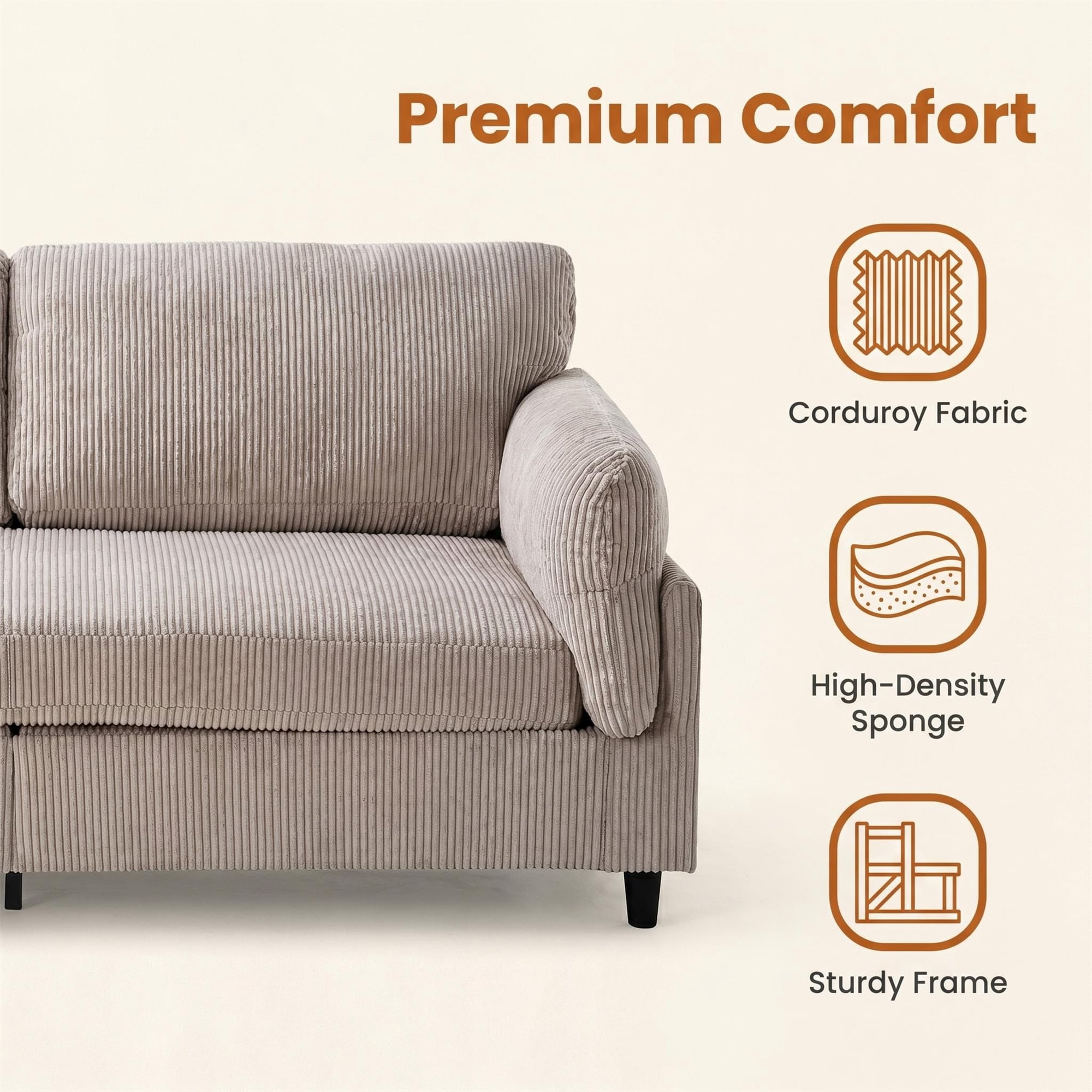 Aukfa 83" Pillow Top Arm Sofa 3 Seat Deep Seat Upholstered Couch for Living Room Bedroom, Corduroy, Camel