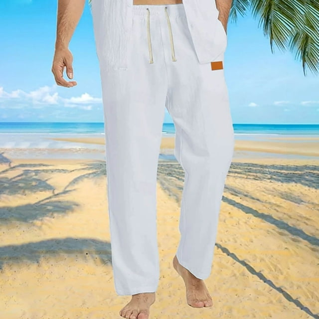 Pantalones casuales de longitud completa para hombre, holgados, elásticos, con cordón, cintura recta, para playa, de verano, de color liso