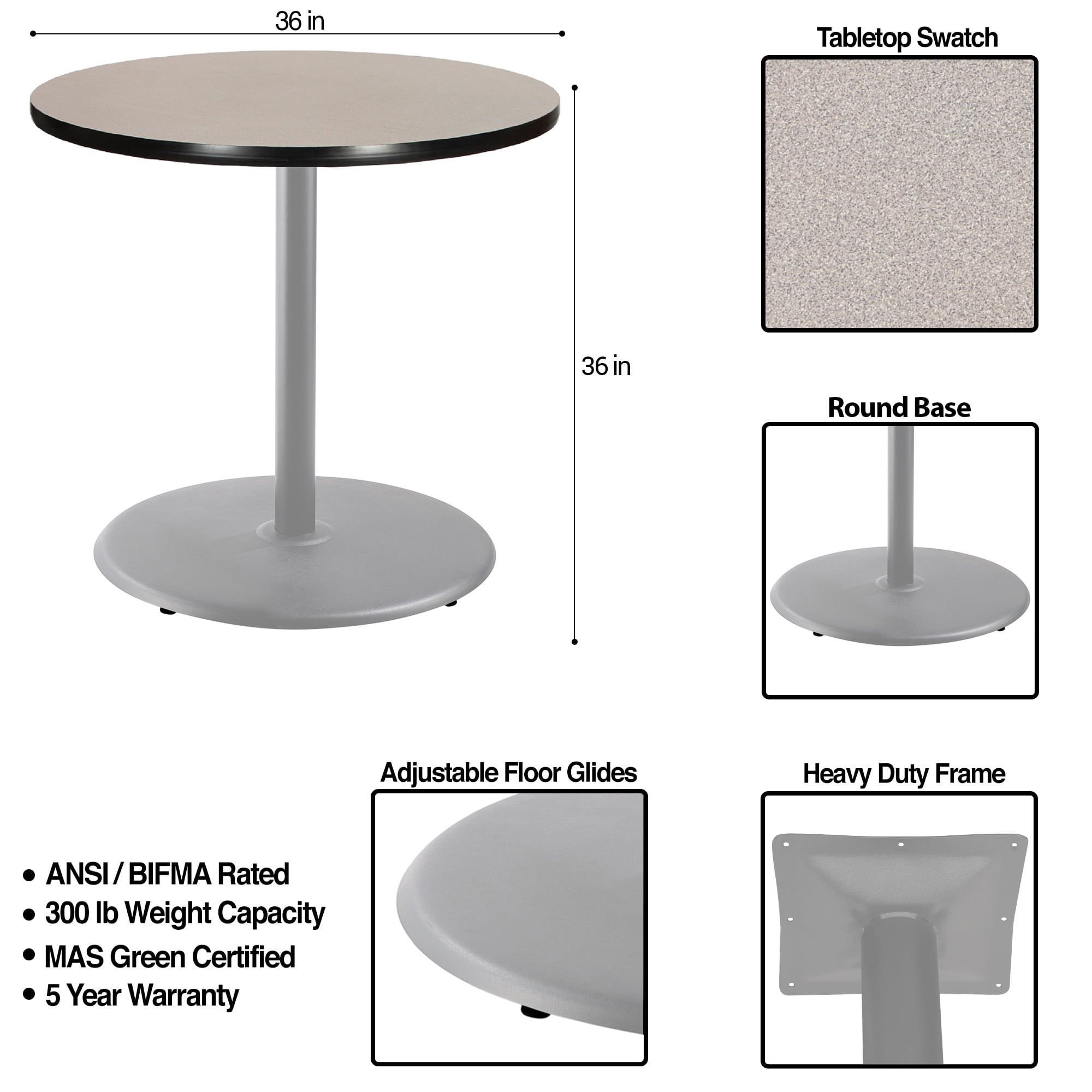 Hampden Furnishings Bennet Collection Steel Frame 36" Round Top, Round Base, 36" Height, Cafe Table Grey Frame/Grey Nebula Top