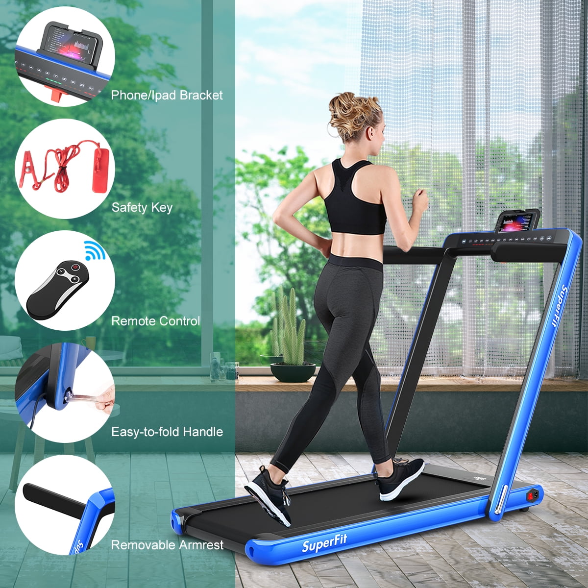 Gymax 2 in 1 Folding Treadmill 2.25HP Running Machine w/ Dual Display Blue