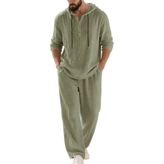 ZVNAΖH Men's Lightweight Crinkle Linen 2-Piece Set Long Sleeve Hooded Henley Shirt & Loose Fit Drawstring Pants Casual Outfit