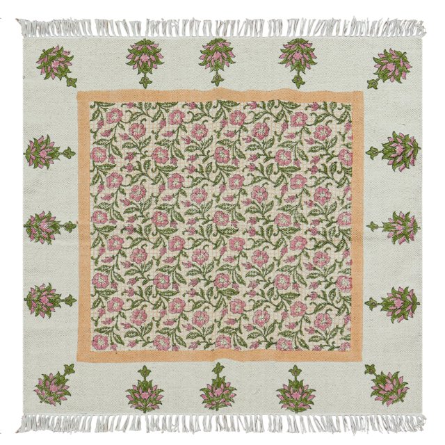 Casavani Hand Block Printed Cotton Green Area Rugs 4'x4' Square Area Rugs for Kitchen and Study Room