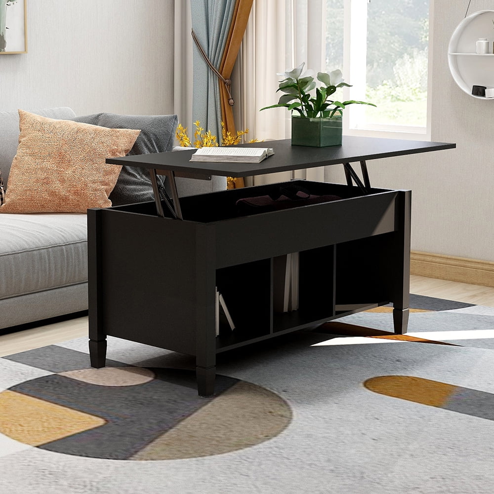 Lowestbest Wooden Lift Top Coffee Table, Dining Table w/Hidden Storage Compartment & Lower 3 Cube Open Shelves, Black